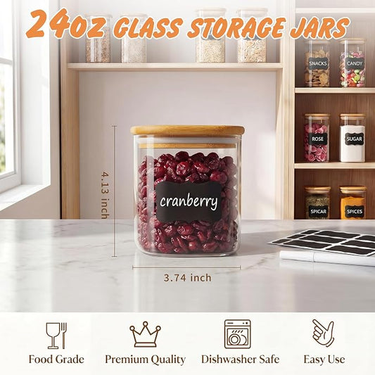 SENTVEND 24 Oz Glass Storage Jars with Bamboo Lids - 6 Pack Clear Glass Canisters Square Airtight Stackable Ideal for Pantry Storage Containers Organizers Great for Storing Oats Coffee Beans Nuts etc