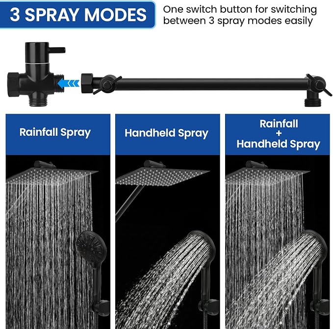Shower Head, 12‘’ High Pressure Rainfall/Handheld Shower Combo with 11'' Extension Arm, 9 Settings, Anti-leak Shower Head with Holder, Height/Angle Adjustable, Matte Black