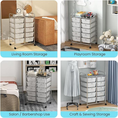 Giantex 10 Drawers Rolling Cart, Classroom Organizers, Storage Cart with Wheels, for Teacher Office Home School Supplies Tool Craft Art Paper, Clear White