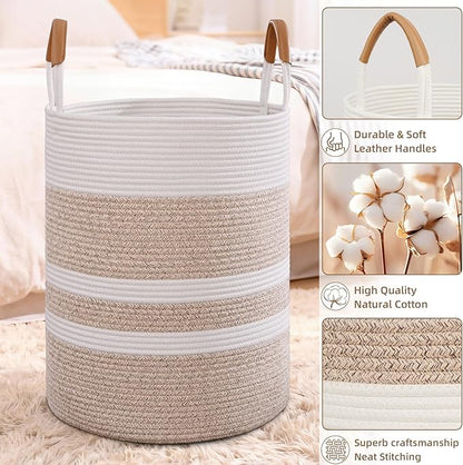 Degeyoyo 75L Striped Laundry Basket, Brown Laundry Hamper with Leather Handles, Woven Cotton Rope Storage Bin for Blankets, Nursery Hamper for Clothes, Toys In Bathroom, Livingroom, Bedroom
