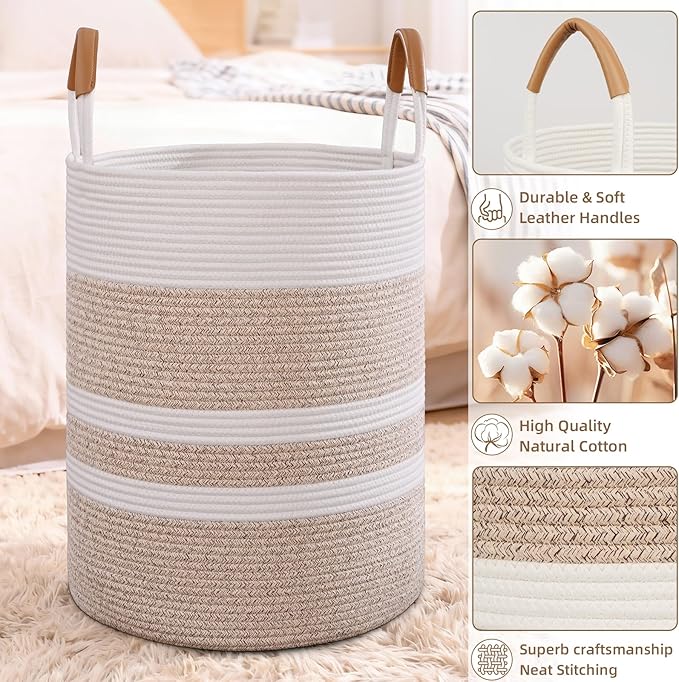 90L Striped Laundry Basket, Brown Laundry Hamper with Leather Handles, Woven Cotton Rope Storage Bin for Blankets, Nursery Hamper for Clothes, Toys In Bathroom, Livingroom, Bedroom