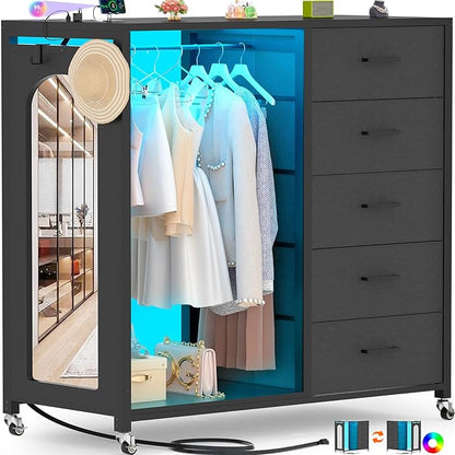 Cyclysio Dresser for Bedroom with Clothes Rack & Mirror, 5 Fabric Drawers Dresser with Charging Station & LED Lights, Rolling Chest of Drawers with Wheels, Full Length Mirror, Wooden Top, Closet