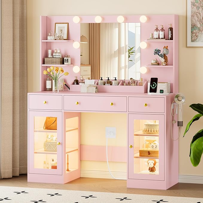 Vanity Desk With Mirror and Lights, Makeup Vanity Set with 3 Storage Drawers & Adjustable Shelves, Dressing Table with RGB Cabinets & Charging Station, 3 Lighting Modes for Women Kids Bedroom, Pink