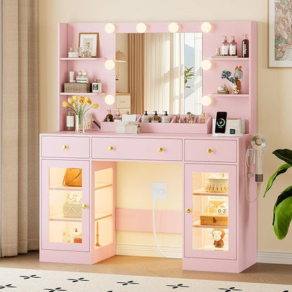 Vanity Desk With Mirror and Lights, Makeup Vanity Set with 3 Storage Drawers & Adjustable Shelves, Dressing Table with RGB Cabinets & Charging Station, 3 Lighting Modes for Women Kids Bedroom, Pink