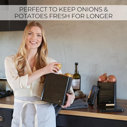 ZICOTO Beautiful Potato and Onion Storage Container Set, 10.1" & 8.9" - Perfectly Sized Spacious Canisters For Your Kitchen Counter Or Pantry - Food Safe Metal Bins Keep Produce Fresh Longer