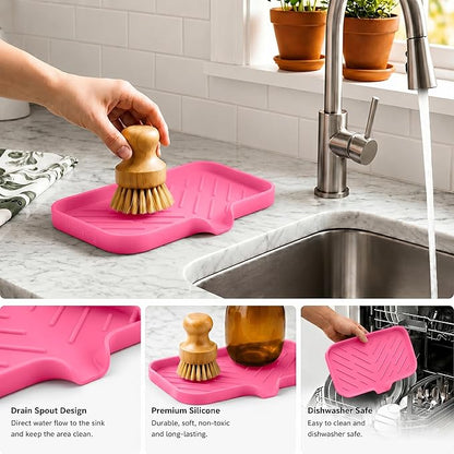 MicoYang Silicone Soap Dish with Drain Spout — Self-Draining Sink Organizer Tray for Bathroom & Kitchen, Sponges, Dispensers & Soap Holder, Non-Slip & Dishwasher Safe, Rose (Medium, 9.6"×5.3")