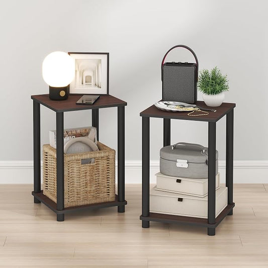 Furinno Turn-N-Tube Night Stand Set of 2, 2-Tier Nightstand, Dark Cherry | Stackable, Open Shelf, Toolless Bedside Table, Side Table, End Table for Living Room, Bedroom