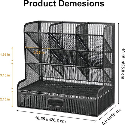 Marbrasse Mesh Pen Holder for Desk, Multi-Functional Pencil Organizer with Drawer, Desk Organizers and Accessories for Office Art Supplies (Large Black)