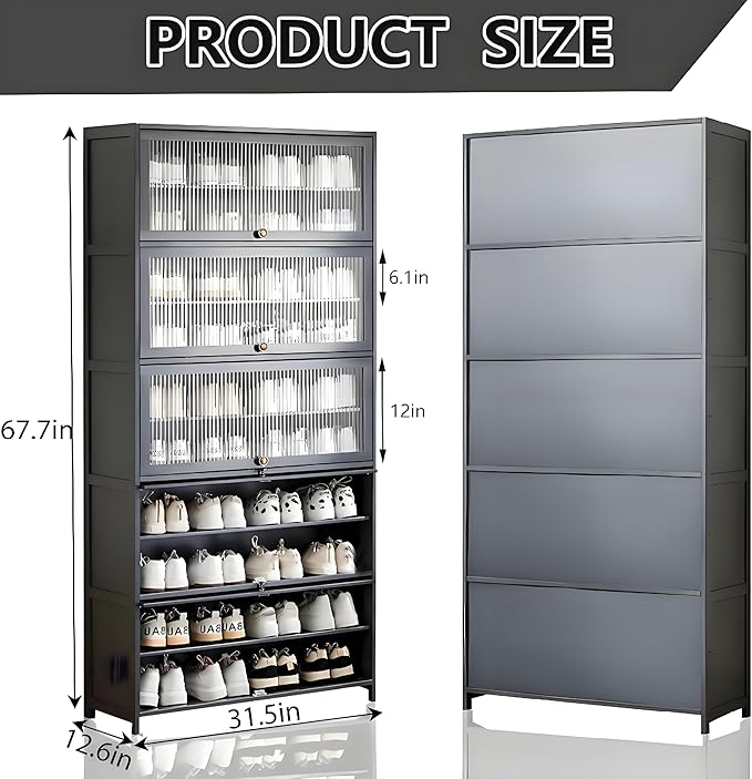 Tall Shoe Cabinet, 10 Tier Bamboo Shoe Rack with Doors, 40-45 Pairs Large Capacity Shoe Storage Cabinet Organizer, Narrow Shoe Shelf for Entryway, Hallway, Living Room