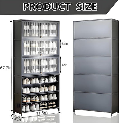 Tall Shoe Cabinet, 10 Tier Bamboo Shoe Rack with Doors, 40-45 Pairs Large Capacity Shoe Storage Cabinet Organizer, Narrow Shoe Shelf for Entryway, Hallway, Living Room