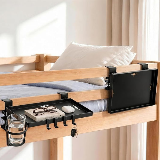 Foldable Bedside Shelf for Dorm Bunk Bed,Heavy Duty Metal Clip-On Bed Table Tray College Dorm Room Essentials,Bed Side Caddy Nightstand Alternative Organizer with Hooks&Removable Cup Holder Black