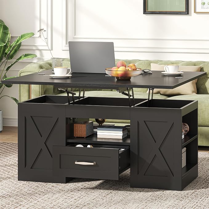 kepptory 39.4'' Lift Top Coffee Table with Storage, 4 in 1 Multi-Function Convertible Coffee Tables for Living Room, Farmhouse Coffee Table with Open Storage Compartment & Drawers (Black)