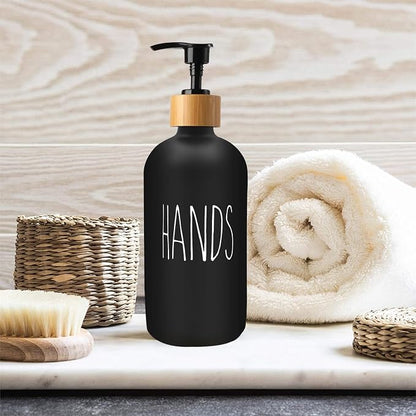 Sunrise Premium 16 OZ Thick Black Glass Soap Dispenser, Bamboo Pump with Tray 2 Pack, Hand and Dish Soap Dispenser Set for Bathroom with 6 Waterproof Labels