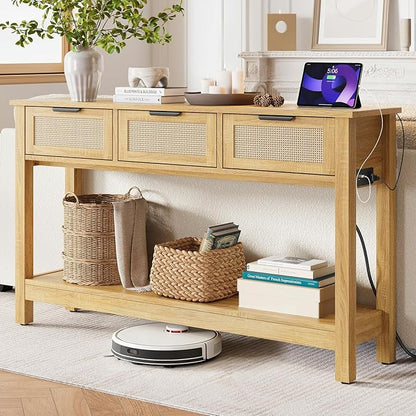 Rattan Entryway Table with 4-Port Charging Station (2 AC Outlets + USB/USB-C), 3 Drawers Storage & Open Shelf, Behind Couch Console Sofa Table for Hallway, Foyer - Natural Weave & Oak, 47 Inch