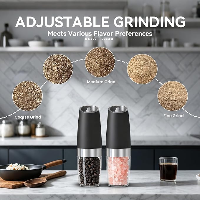 UNNEES Battery Operated Gravity Electric Salt and Pepper Grinder Set, Automatic Salt and Pepper Grinder Set, Adjustable Roughness,12 Batteries Required, LED Light, 2 Pack, (Black)