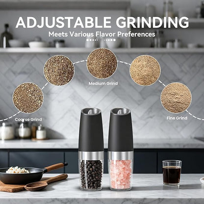 UNNEES Battery Operated Gravity Electric Salt and Pepper Grinder Set, Automatic Salt and Pepper Grinder Set, Adjustable Roughness,12 Batteries Required, LED Light, 2 Pack, (Black)