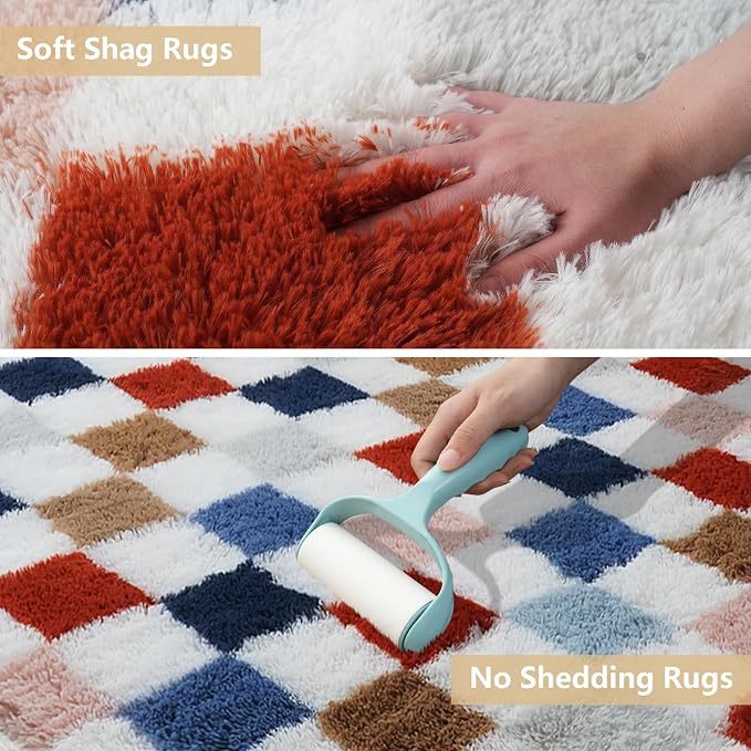 Large Shag Area Rug for Bedroom Living Room,9x12 Fluffy Soft Colorful Checkered Rug Fuzzy Shaggy Bedroom Carpet,Indoor Plush Floor Rugs for Teen Dorm Home Decor