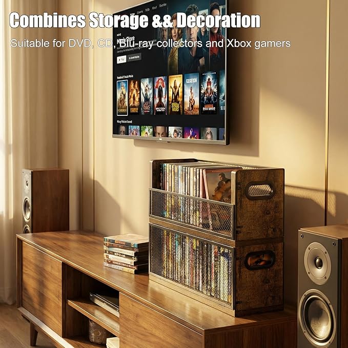 DVD CD Storage Rack, DVD Shelf Holds 28 DVD Cases, Stackable Wood & Metal DVD Tower with Magnetic Opening Door for Easy Access, Desktop Organizer for Blu ray, Video Game, VHS Tapes
