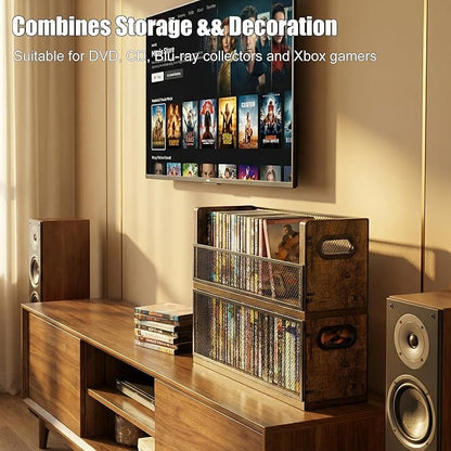 DVD CD Storage Rack, DVD Shelf Holds 28 DVD Cases, Stackable Wood & Metal DVD Tower with Magnetic Opening Door for Easy Access, Desktop Organizer for Blu ray, Video Game, VHS Tapes
