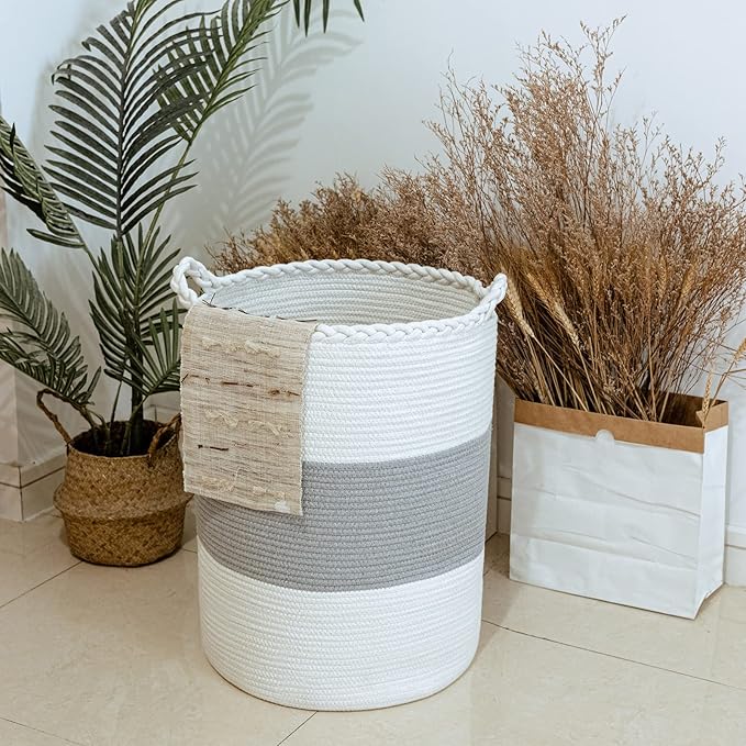 Homlikelan 72L Woven Laundry Basket,Tall Wicker Laundry Basket for Blankets,Clothes,Pillows,Toys,Shoes Large Cotton Laundry Hamper for Bedroom,Living Room,Bathroom