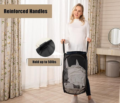 2 Pcs Strong Mesh Pop up Laundry Hamper,House Again Collapsible Laundry Basket with Durable Handles Solid Bottom High Carbon Steel Frame, Space-Saving, Easy to Open and Fold Flat for Storage(Black)