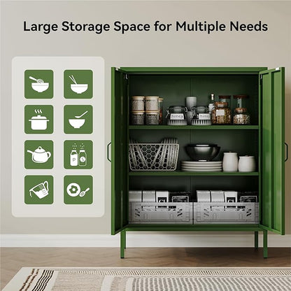 COFaR Forest Green Metal Cabinet, 40” Kitchen Pantry & Coffee Bar Cabinet, 3-Tier Adjustable Shelf Organizer with Magnetic Doors, Rustic Modern Sideboard for Dining Room, Home Office