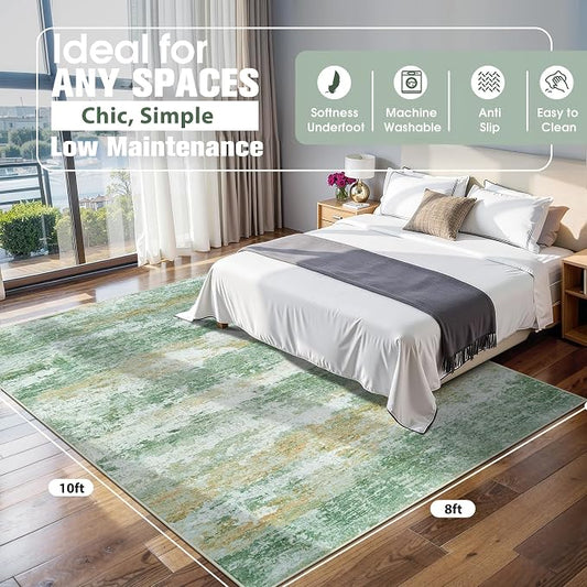 8x10 Area Rugs for Living Room Rug Washable: Abstract Large Rug for Dining Room Bedroom Carpet Non Slip 8 by 10 Indoor Modern Nursery Home Office Green