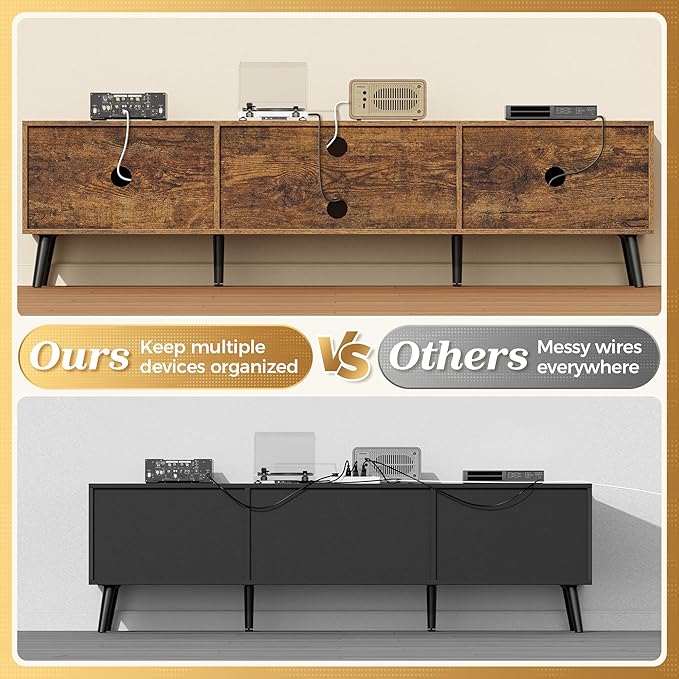 SUPERJARE 70.9 Inch TV Stand for 65, 75 Inch TV, Entertainment Center with Adjustable Shelf, 2 Cabinets, TV Console Table, Media Console, Solid Wood Feet, Cord Holes, for Living Room, Rustic Brown