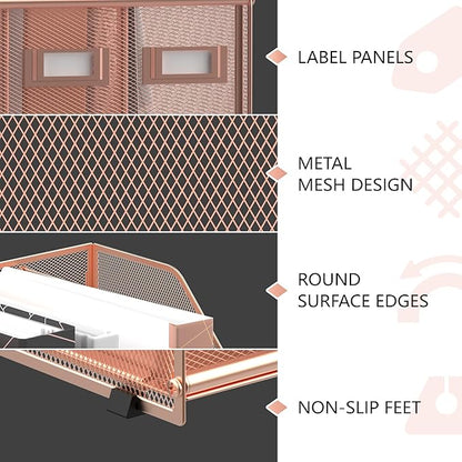 DALTACK Desk Organizers Metal Magazine File Holder with 5 Vertical Compartments Folder Storage Binder Organizer for Office Home School Organization, Rose Gold, Plus