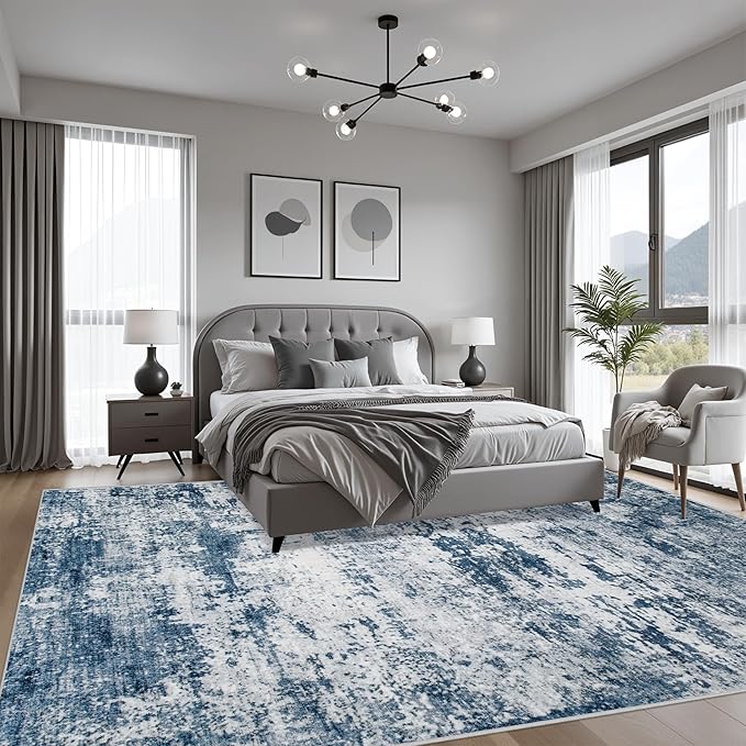 6x6 Area Rug Living Room Rug: Washable Modern Abstract Soft Thin Rug Indoor Floor No Slip Stain Resistant Carpet for Bedroom Dining Room Farmhouse Nursery Home Office - Blue