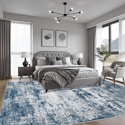 5x5 Area Rug Living Room Rug: Washable Modern Abstract Soft Thin Rug Indoor Floor No Slip Stain Resistant Carpet for Bedroom Dining Room Farmhouse Nursery Home Office - Blue