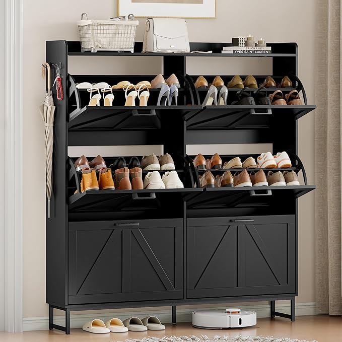 Shoe Cabinet Storage for Entryway, Shoe Storage Cabinet with 6 Flip Drawers, Freestanding Narrow Shoe Rack Organizer with Metal Legs, Adjustable Shelves & Open Storage for Foyer, Hallway, Black