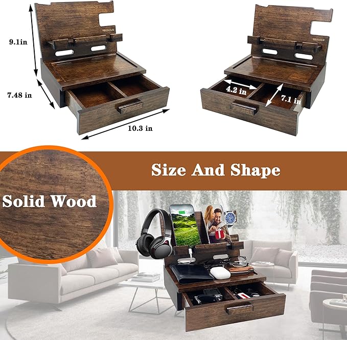 VEIYAILU Gifts for Men Women Husband Son Boyfriend Him Nightstand Organizer Wood Phone Docking Station Birthday Gifts (Walnut)