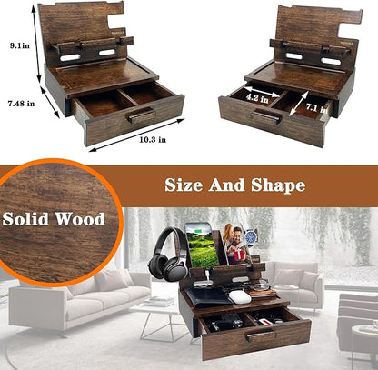 VEIYAILU Gifts for Men Women Husband Son Boyfriend Him Nightstand Organizer Wood Phone Docking Station Birthday Gifts (Walnut)