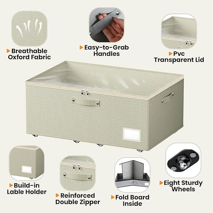 Dayacoco Under Bed Storage With Wheels,10 Inches Under Bed Storage Containers,65L Large Capacity,No Assembly Required Rolling Under Bed Storage for Clothes,Blankets,Shoes,Beige