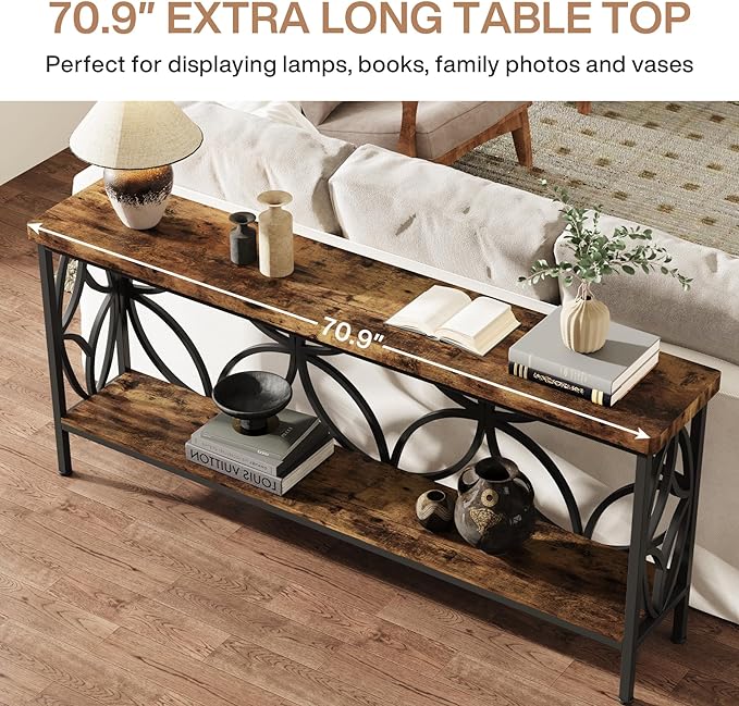 Tribesigns 70.9-Inch Narrow Sofa Table, Industrial Long Sofa Table Behind Couch, Entry Console Table with Storage for Entryway, Living Room, Foyer, Unique Design, Rustic Brown | Narrow, Industrial, Long, Entry Console Table, with Storage