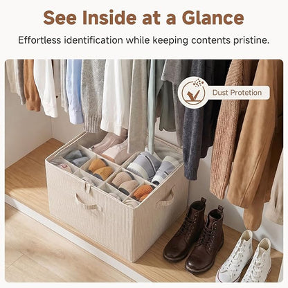 StorageWorks 2 Pack Shoe Organizer for Closet, Foldable Shoe Storage Box with Adjustable Dividers, Fabric Shoe Organizer for Entryway, Fits up to 16-32 Pairs, Khaki and Beige Stripes
