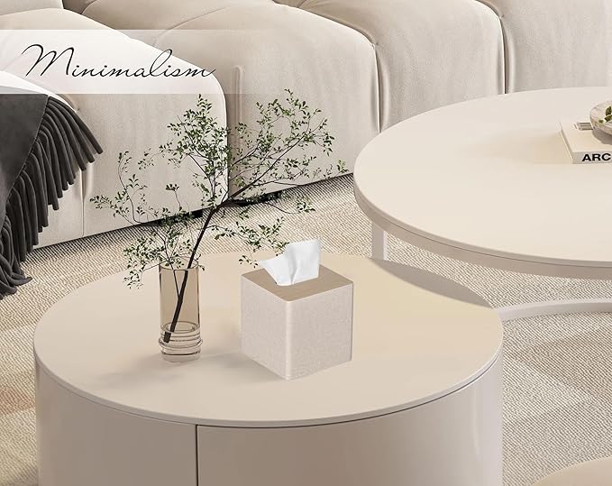 GOLRANLYE Tissue Box Cover Square PU Leather Facial Tissue Box Holder for Dresser Bathroom Decor (Beige)