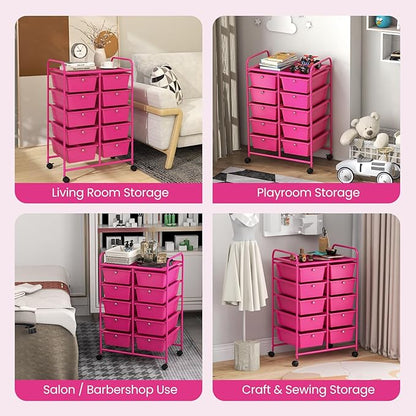 Giantex 10 Drawers Rolling Cart, Classroom Organizers, Storage Cart with Wheels, for Teacher Office Home School Supplies Tool Craft Art Paper, Hot Pink