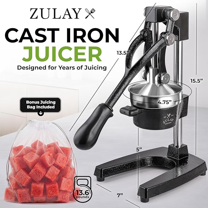 Zulay Kitchen Cast Iron Juicer - Heavy Duty Manual Juicer with Detachable Strainers for Easy Cleaning, Orange Juice Press for Citrus Fruits, Perfect for Bartenders, Juice Lovers & Health Enthusiasts