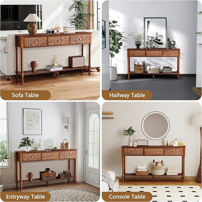 55.5" Carved Console Table with 3 Drawers, 2-Tier Sofa Table with Glossy Floral Surface and Solid Wood Legs, Mid-Century Modern Entryway Table for Living Room Hallway (Walnut)
