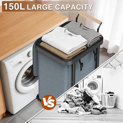 40 Gal (150L) Laundry Hamper with Lid, Leather Patchwork Laundry Basket with Rolling Lockable Wheels and Handle, Laundry Basket Organizer for Laundry Room, Bedroom and Bathroom,Laundry Room - Gray