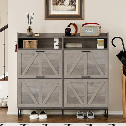 Shoe Cabinet with 4 Flip Drawers Narrow Shoe Storage Cabinet Organizer Wooden Freestanding Shoe Rack Hidden Slim Shoes Storage Cabinet for Entryway, Hallway, Living Room, Bedroom