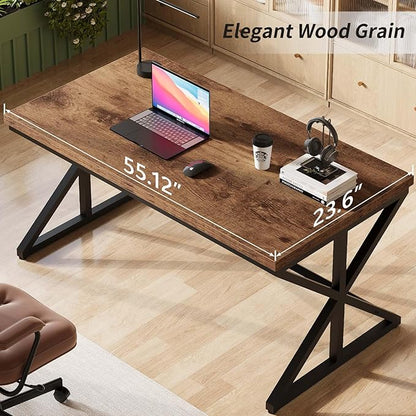 IBF 55” Rustic Computer Desk, Industrial Brown Home Office Desk, Wooden Metal Executive Pc Computer Desk Table, Wood Student Gaming Study Computer Table for Bedroom Living Room, Rustic Brown, 55 Inch