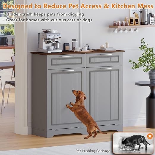 Double 10 Gallon Tilt Out Trash Can Cabinet with Deodorizing Function, Wooden Hidden Garbage Can Holder with Storage Drawers for Kitchen and Dining Room, Laundry Hamper Cabinet for Bathroom, Grey