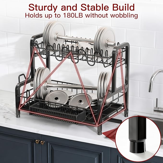 BOOSINY 2 Tier Black Dish Drainer Drying Rack and Drainboard Set, Large Stainless Steel Dish Dryer for Kitchen Counter Space Saving, Big Rustproof Metal Plate Strainer with Utensil Holder & Cup Holder