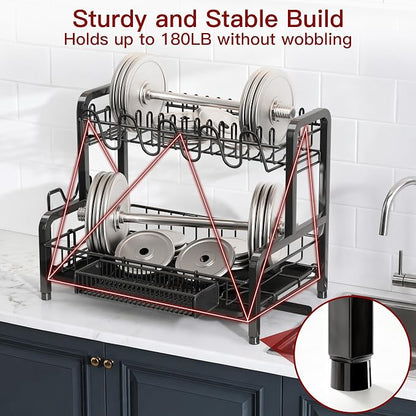 BOOSINY 2 Tier Black Dish Drainer Drying Rack and Drainboard Set, Large Stainless Steel Dish Dryer for Kitchen Counter Space Saving, Big Rustproof Metal Plate Strainer with Utensil Holder & Cup Holder