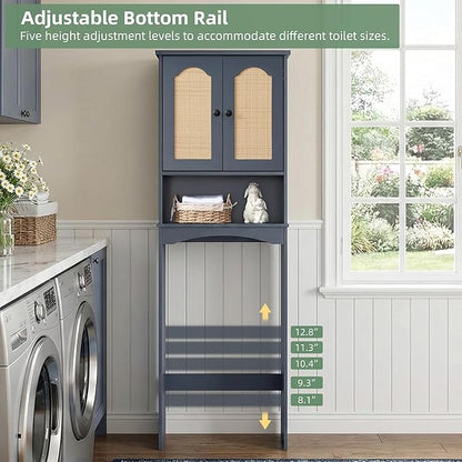 Over The Toilet Storage Cabinet, Above Toilet Organizer with 2 Rattan Doors, Modern Blue Finish, 24x70 inch Space Saving Freestanding Bathroom Cabinet