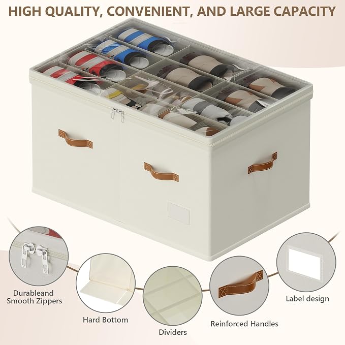 Shoe Organizer for Closet, 2 Pack Shoe Storage Bins Foldable Shoe Storage Box Containers with Clear Cover and Sturdy Handles, Shoe Rack for Closet Storage for Sneakers Heels Slippers, Fit 12-24 Pairs