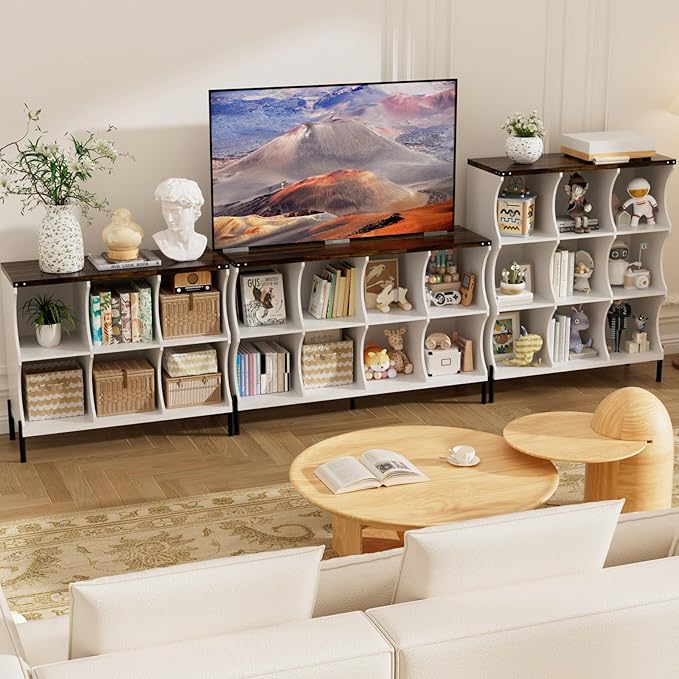 9 Cube Book Shelf, Low and Short Bookshelf, Long Cube Storage Organizer Wood TV Stand, Toy Organization DVD Cabinets for Living Room, Office, Bedroom, Dorm, White with Dark Brown Top